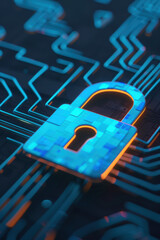 Aufkleber - Digital security concept with a vibrant padlock symbol on a circuit board background, representing data protection and cybersecurity.