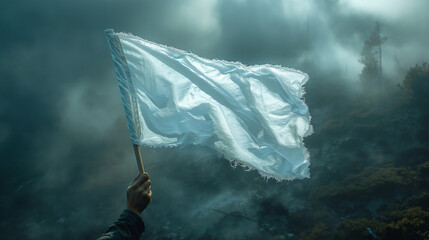 A frayed white flag waves amidst a misty landscape, symbolizing surrender and peace in the aftermath of turmoil and conflict.