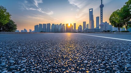 Leinwandbilder - Asphalt road square and modern city buildings at sunset in Shanghai : Generative AI