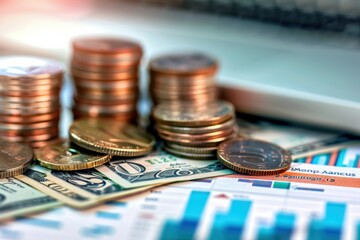 A tower of coins arranged on financial paper, set against a backdrop of a stock market graph, symbolizing investment growth and economic trends.