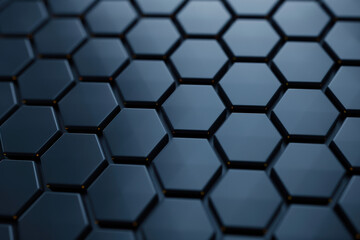 Poster - Abstract geometric hexagonal pattern background with smooth metallic texture and blue gradient shading for modern design and tech concepts.