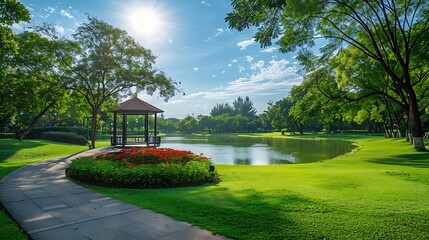 Canvas Print - Panorama public park with clipping path : Generative AI