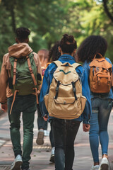  Multiethnic group of five students walking together on university campus