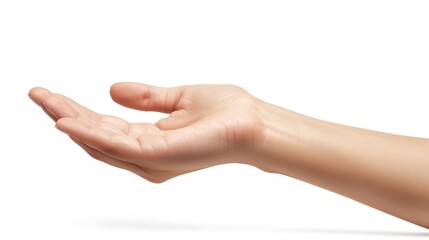 Poster - Young female right hand hold something medium sized isolated on white : Generative AI