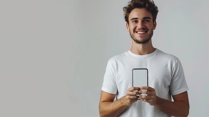 Aufkleber - Handsome young man holding a smartphone mockup with a blank screen and smiling on a white background Celebrating success Gadget with empty space for mockup banner app : Generative AI