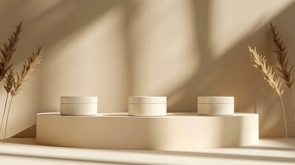 Leinwandbilder - Three beige light podium for cosmetic product presentation : Generative AI