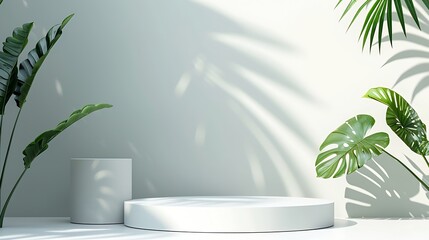 Aufkleber - Creative concept of minimalism with leaf and plaster podium Blank space on white podiums for presentation product and green leaves on a white background Summer theme Scene for advertis : Generative AI
