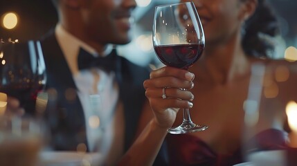 happy interracial couple in elegant attire holding glasses with wine during date in restaurant : gen