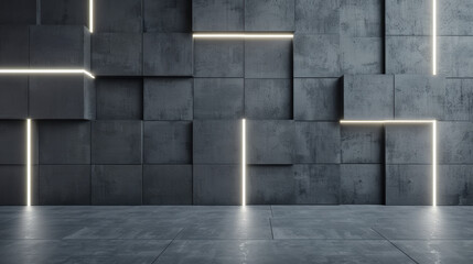 Poster - Modern abstract concrete wall with illuminated lines. Industrial design with geometric patterns and light accents.