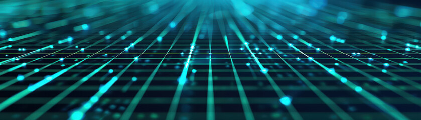 Poster - abstract digital grid background with a futuristic data network, bright glowing lights, and a perspe