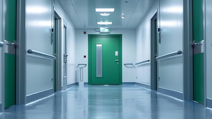 Poster - Interior of bright white room with green closed door in modern hospital : Generative AI