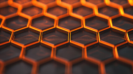 Poster - Abstract close-up of illuminated hexagonal pattern with orange light, creating a futuristic and technological visual effect.