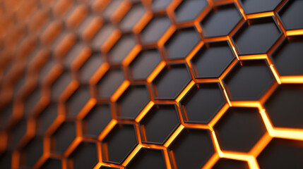 Poster - Close-up of a glowing hexagonal honeycomb pattern with vibrant orange lights and dark background, showcasing futuristic and technological design.
