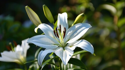 Canvas Print - A single white lily in bloom with buds in the background.