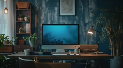 Fototapete - Empty workspace and a computer in a home office for remote work business or design of desk Working creative and a table with a pc and setup for a freelance career or entrepreneurship f : Generative AI