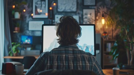 Poster - Rear view of young man sitting at his workspace and using smartphone Blank screen for graphics display montage : Generative AI