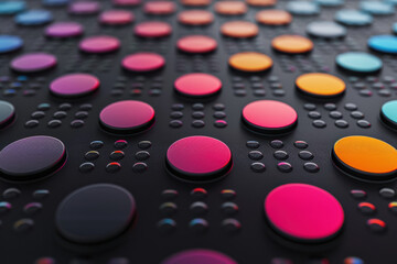 Poster - Digital art with vibrant circular patterns, colorful design on dark background, abstract modern technology concept, futuristic texture.