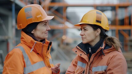 Poster - Engineer and female foreman worker team checking project at precast factory site Engineer and builders in hardhats discussing on construction site : Generative AI