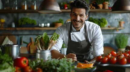 Smiling chef using fresh ingredients while preparing food int he kitchen and looking at camera : Generative AI