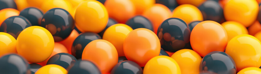 Poster - Vibrant mix of orange, yellow, and black spheres creating a lively and colorful abstract background, perfect for creative and modern design projects.