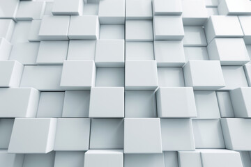 Poster - Abstract white  cubes forming a geometric pattern on a wall, creating a modern and minimalist design with depth and shadow effects.