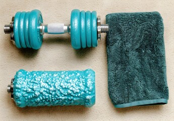 Canvas Print - Teal Dumbbell and Foam Roller on White Carpet