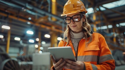 Aufkleber - Female engineer with digital tablet at construction site Factory foreman worker in hardhat at the precast factory site : Generative AI