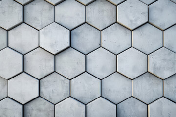 Poster - close-up view of a modern, geometric concrete hexagon wall pattern, showcasing a textured, industria