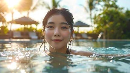 Wall Mural - Retreat and vacation Portrait beautiful young asian woman enjoying around outdoor swimming pool in hotel resort Attractive girl relax in summer season : Generative AI