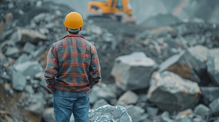 Leinwandbilder - Man construction engineer wears helmet ensure safety when working in construction zone standing on pile rocks looking checking for completeness in case there is error so that it can be : Generative AI