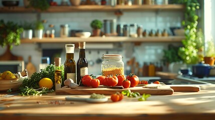 Different products on wooden table in kitchen Healthy food and balanced diet : Generative AI