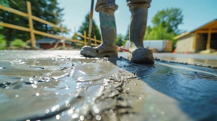 Poster - Man working on smoothing concrete driveway for the new home build at construction site Architecture and exterior structure base progress safety foundation pavement ground Real estate i : Generative AI