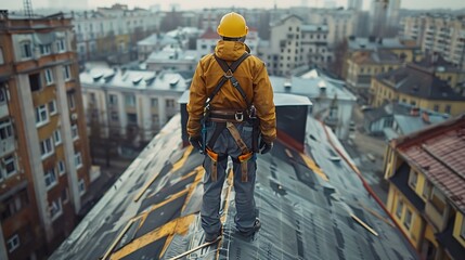 Poster - Repair and replacement of the old roof with a new one Construction worker in protective clothing standing on roof with tools : Generative AI