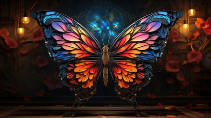 Sticker - Abstract neon butterfly on a dark wall. 3D illustration.  