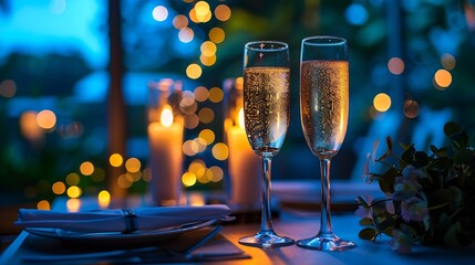 Poster - Candlelight date in restaurant Champagne glasses bouquet flowers Romantic dinner setup at night Table setting for couple Valentines Day evening burning candles for surprise marriage pr : Generative AI