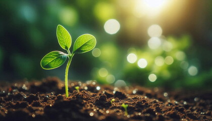 Wall Mural - Young plant seeding or growing in fertile soil of farm on bokeh blur background in golden sunlight 