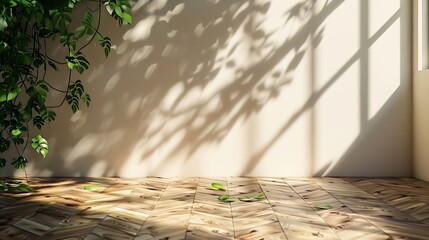 Room interior empty space background mock up sunlight and shadows room walls cozy summer warm room with sunlight and leafs shadows and wooden blank parquet floor : Generative AI