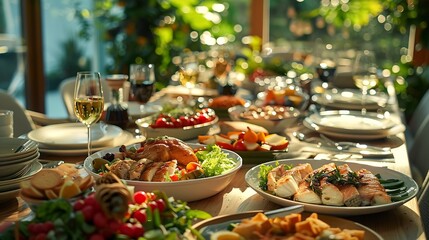 a beautifully decorated table with delicious food Everything is ready for lunch or dinner with delicious snacks and a cozy atmosphere Serving a holiday table with fish dishes salads an : Generative AI