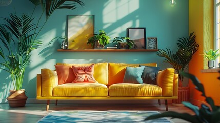 Wall Mural - Modern and colorful interior of living room with design boucle sofa mock up poster shelf plants decorations and personal stuff Home decor : Generative AI