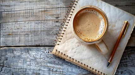 Aufkleber - Cup of coffee with notepad and brown pen on wooden table top view copy space : Generative AI