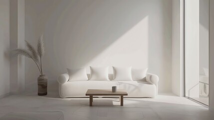 Canvas Print - Minimalist living room with a white couch, wooden coffee table, and a plant in a wicker basket.