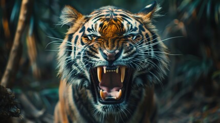 Roaring ferocious bengal tiger with fierce and sharp teeth in a evergreen forest