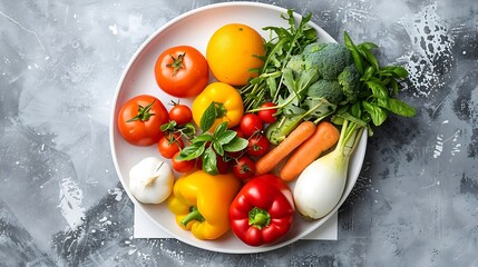 World food day vegetarian day Vegan day concept Top view of fresh vegetables fruit with empty plate on white paper background : Generative AI