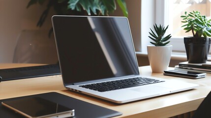 Poster - A laptop computer, a plant, a phone, two notebooks and a coffee mug on a wooden desk.