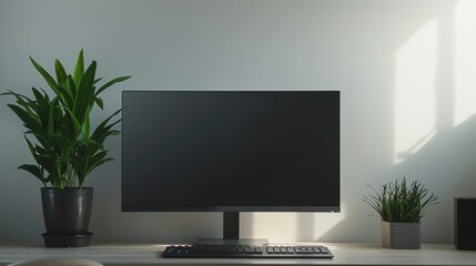 Wall Mural - A minimalist workspace with a computer monitor and a plant.