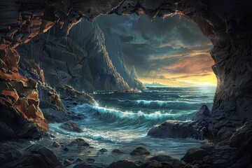 Wall Mural - a view from a cave looking out at a seascape