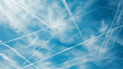 A blue sky with wispy clouds and contrails.