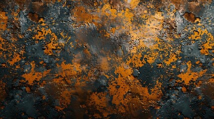 Poster - orange rust stains on weathered steel plate or top view yellow iron table and old brown metal wall from moisture to tetanus for dirty dark board background to red blue retro backdrop a : Generative AI