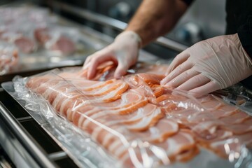 Wall Mural - Close-up of a worker's hands wrapping sliced ham in plastic foil on an industrial meat packing line.