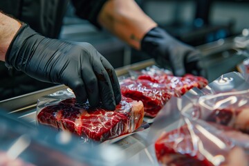 Wall Mural - Close-up view of a worker's hands wrapping steak portions in plastic wrap at a meat packaging plant.